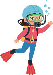 Fototapeta premium Scuba Diver Wearing Red Fins and Blue Helmet Underwater Exploration Vector Illustration 