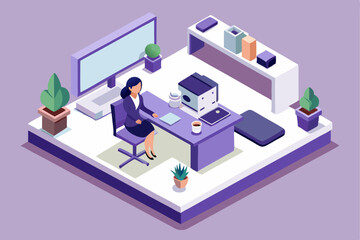 Modern office workspace, person working at desk, plants and printer, professional environment, vector illustration of productive task, career efficiency, clean office style, focus on work.