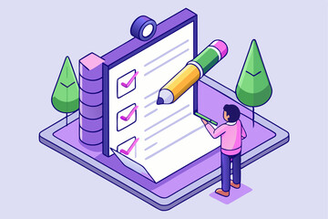 Digital task management, person checking checklist on tablet, trees and pencil, modern workflow, vector illustration of successful task, career organization, digital office style, focus on efficiency.