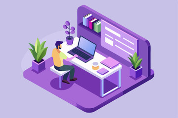 Cozy office workspace, person working at desk, plants and bookshelf, modern work environment, vector illustration of productive task, career efficiency, comfortable office style,