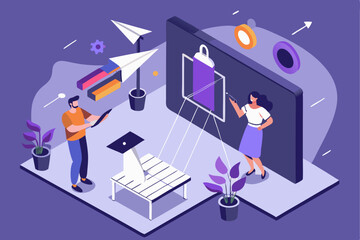 Creative office collaboration, two people discussing project, paper planes and charts, innovative workspace, vector illustration of teamwork task, career cooperation, modern office style, creativity