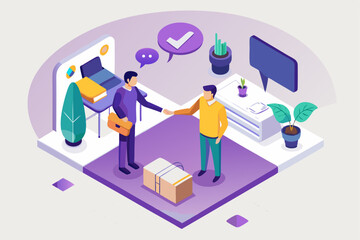 Business partnership handshake, two people sealing deal, chat bubbles and plants, professional agreement, vector illustration of successful task, career cooperation, modern office style, focus on part