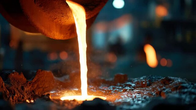 Tank pours liquid metal at the steel mill