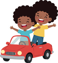 Two happy children enjoying ride in small red toy car vector illustration 