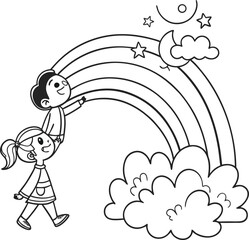Cute cartoon illustration of a boy and girl with flowers in a sky with clouds, perfect for a children's coloring book design