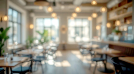 Abstract blur interior coffee shop or cafe for background, Blurred background of a modern cafe, restaurant, or co-working space. The image features soft, warm bokeh lights and muted color tones