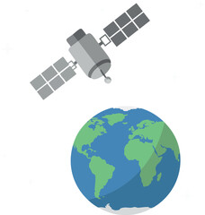 Satellite orbiting Earth vector illustration with blue and green colors in flat design 