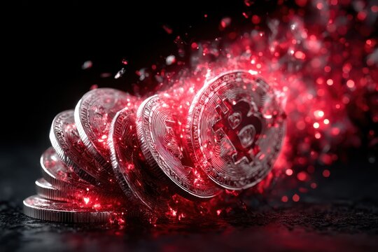 Bitcoin coins glowing and dispersing in vibrant red light, showcasing digital currency concept