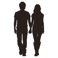Silhouette of a couple holding hands walking away isolated on transparent background