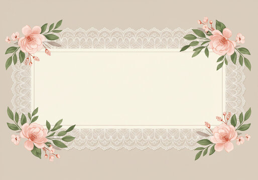 Wedding invitation web banner – vintage lace border, romantic calligraphy fonts, central name placeholder with floral accents