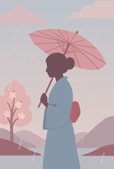  woman in a traditional Japanese kimono holding a pink umbrella while walking through a rainy, pastel-colored landscape.
