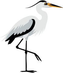 Obraz premium White Heron Bird Standing on One Leg Vector Illustration with Black and Orange Details 