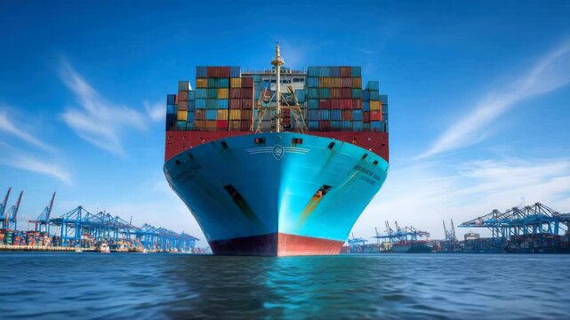 webinar banner, Stern of large cargo ship import export container box on the ocean sea on blue sky back ground concept transportation logistic and service to customer and supply change