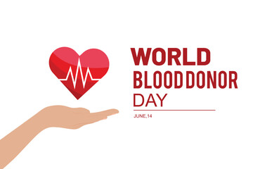 World blood donor day illustration featuring a hand holding a heart with electrocardiogram waves.