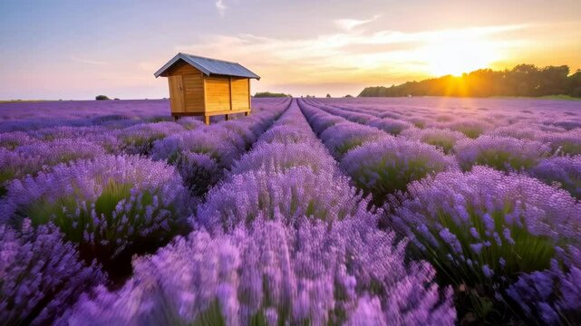 Scenic Lavender Field at Sunrise with a Rustic Wooden Hut Amidst Rows of Blooming Purple Flowers.