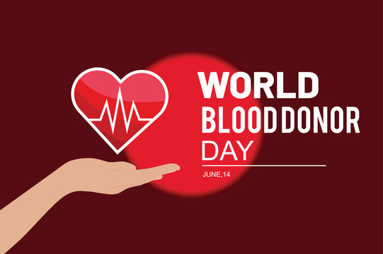 World blood donor day illustration featuring a heart and hand on a red background