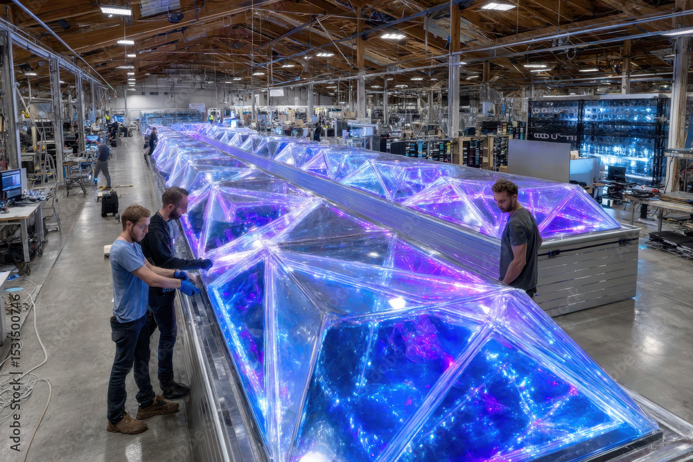 Poster workers assembling illuminated triangular structures in a spacious engineering facility