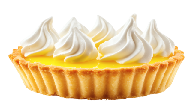 Bright yellow lemon tart in a fluted crust with meringue peaks on top isolated on white background 
