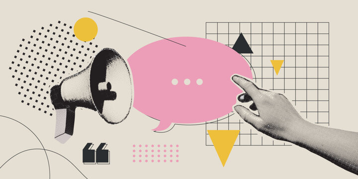 Halftone сollage hand showing speech bubble. Megaphone, quote, news, promo. Social media communication, promotion and marketing. Speak, chat, vector design.