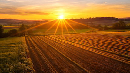 Sunrise or sunset over a country road with an empty asphalt highway stretching towards the horizon, framed by a vast sky and dramatic clouds, evoking a sense of travel and the beauty of nature