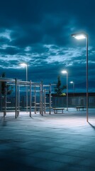 Outdoor Fitness Area Illuminated by Bright Streetlights on a Cloudy Night