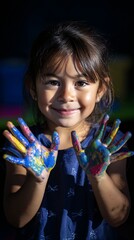 Preschool Girl Joyfully Displays Her Colorful Painted Hands in Bright Daylight