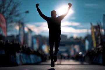 Runner Celebrates Victory with Raised Arms During Sunny Morning Marathon Finish