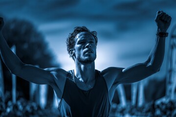 Triumphant Male Runner Celebrates a Jubilant Victory at Outdoor Race