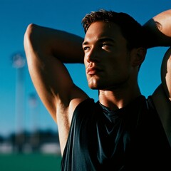 A Focused Male Athlete Preparing for Intense Training on a Sunny Day