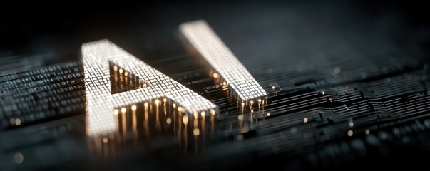 Futuristic glowing AI logo on a technological circuit background