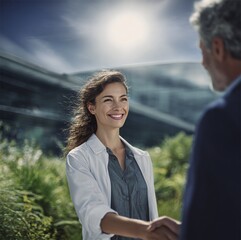 Young Woman Smiling with Relief While Shaking Hands Outdoors in the Sunlight