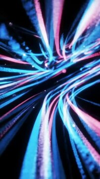 Abstract futuristic vertical background with glowing blue and pink neon light trails and particles flowing in a seamless loop