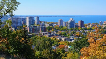 Obraz premium Hamilton Ontario Skyline: City Landscape View with Lake Ontario and Blue Skies