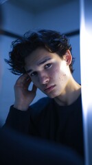 Young Adult Reflects in Mirror with Thoughtful Expression and Casual Attire