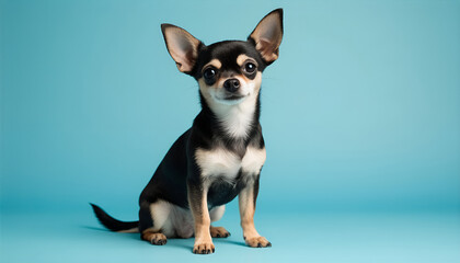 Cute Black and Tan Chihuahua Dog on Blue Background