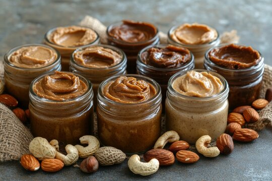Different types of nut butters are displayed in clear glass jars, artistically arranged with assorted nuts scattered around. The setting features a rustic surface, enhancing the natural appeal