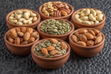 Small bowls filled with various nuts and seeds showcase vibrant textures and colors on a dark surface. This setup highlights nutritious snacking options suitable for any time of day