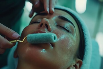 A cosmetologist gently rolls a jade roller across the clients face during a revitalizing facial treatment at a tranquil spa. The serene atmosphere enhances relaxation
