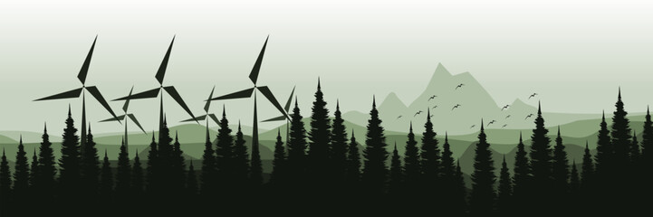 Wind turbines in a forested mountain landscape – renewable energy concept vector illustration good for wallpaper design, design template, background template, and tourism design template