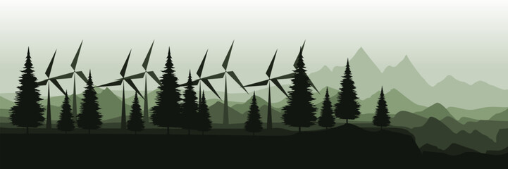 Wind turbines in a forested mountain landscape – renewable energy concept vector illustration good for wallpaper design, design template, background template, and tourism design template