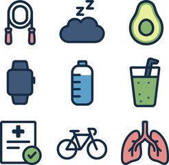 Modern wellness icon set illustrating fitness gear, healthy sleep, hydration, nutrition, biking, respiratory health, and medical approval. Soft minimalist colors.