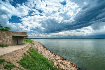 Dam United States. Closeup of Sardis Lake Dam with Cloudy Sky in Oklahoma