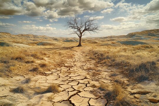 A parched desert landscape shows extensive cracked earth, with a solitary dead tree standing in the middle. Dry grass surrounds the barren scene under a cloudy sky