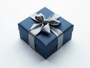 A single elegant gift box placed on a pristine white background. The box is square-shaped, wrapped in glossy midnight blue paper