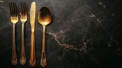 Gold Cutlery on Dark Textured Background