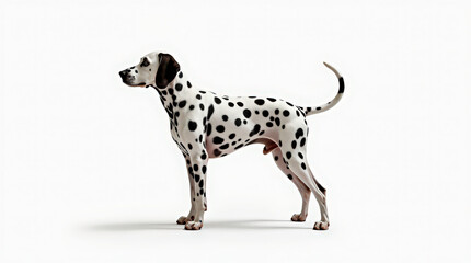 A spotted Dalmatian dog standing alertly on a white studio background. Its coat is bright white with bold black spots distributed across its muscular body