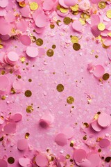 Confetti Vertical. Pink and Gold Confetti Flat Lay Background for Valentine and Birthday Celebration
