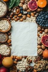 A flat lay showcases a blank sheet surrounded by various healthy foods such as nuts, fruits, and grains, emphasizing the theme of diet management