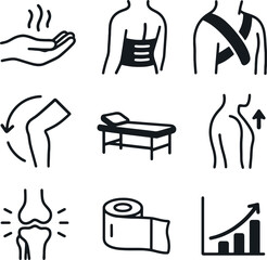 Physical therapy icon set in line art showing massage hand, back-support belt, arm sling strap, joint flexion arrow, therapy bench, posture alignment arrows, knee pain symbol, support tape, and therap