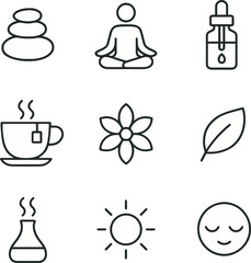Naklejka premium Minimal health icon set in line art depicting brain wellness, heart pulse, eye rest, meditation pose, balance scales, muscle strength, posture alignment, skincare therapy, and gut health for holistic 